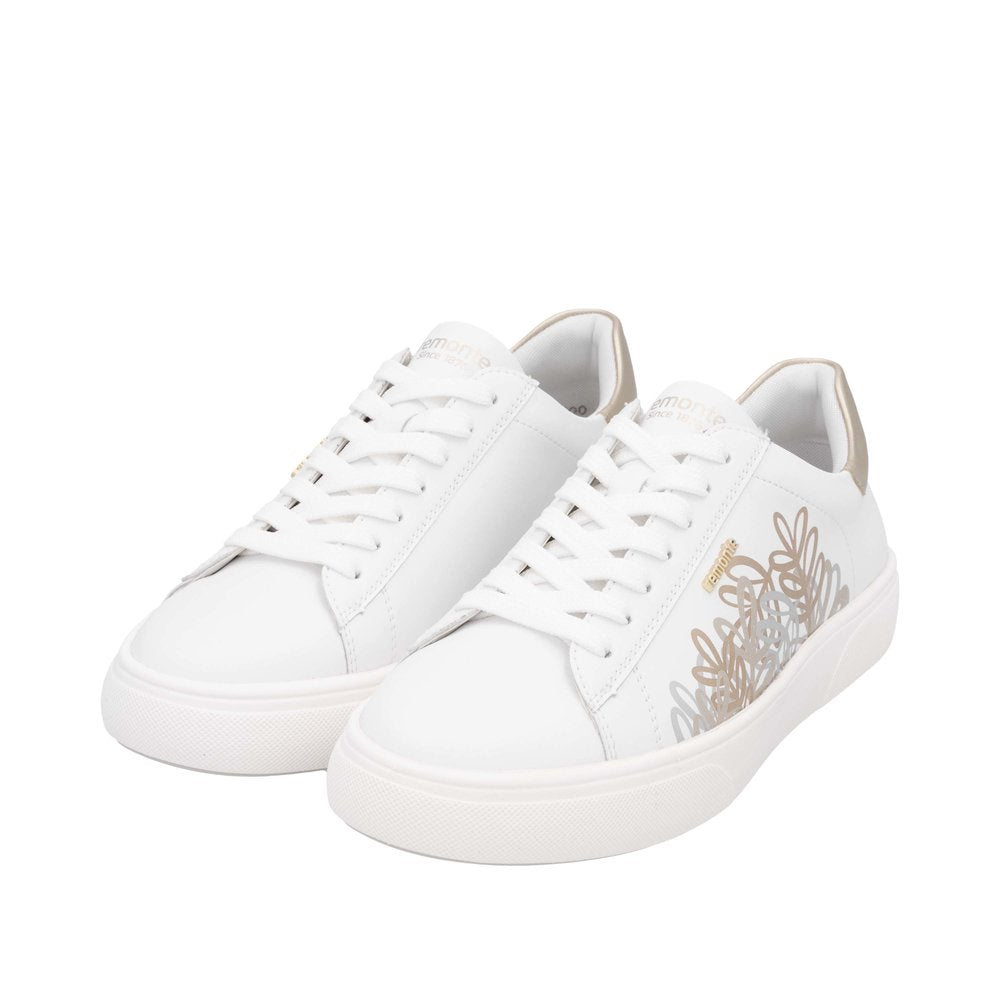 Remonte D2J00-81 women's white leather trainers with zip and lace fastening, wide fit, floral side design, sporty casual style.