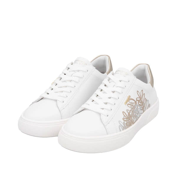Remonte D2J00-81 women's white leather trainers with zip and lace fastening, wide fit, floral side design, sporty casual style.