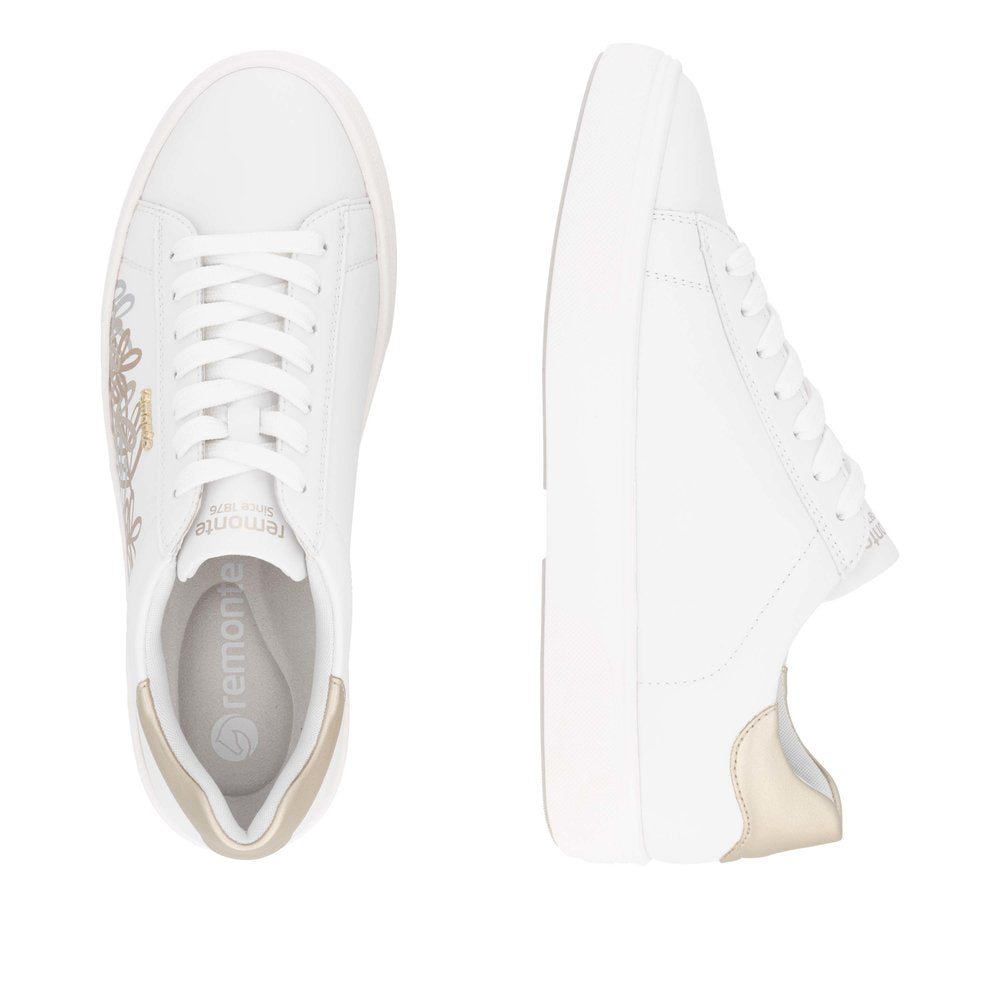 Remonte D2J00-81 women's white leather trainers with zip and lace-up closure, wide fit, and stylish beige accents.