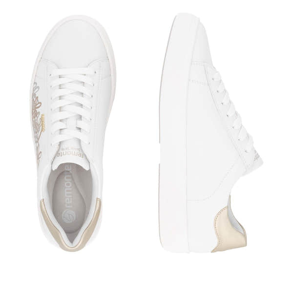 Remonte D2J00-81 women's white leather trainers with zip and lace-up closure, wide fit, and stylish beige accents.