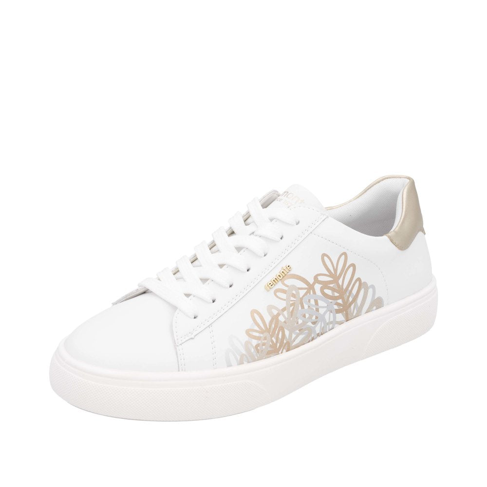 Remonte D2J00-81 ladies white leather trainers with zip and lace-up closure, floral design, and beige heel detail.