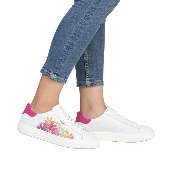 Remonte D2J00-82 ladies wide fit white leather trainers with pink accents, floral print, zip and lace fastening.