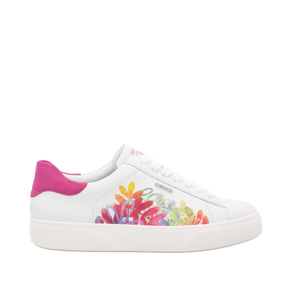 Remonte D2J00-82 ladies white leather trainers with colorful floral print, pink heel detail, zip and lace-up closure.