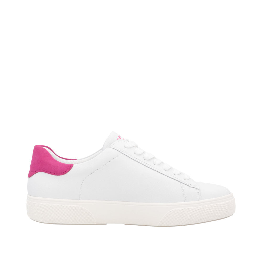 Remonte D2J00-82 women's white leather trainers with pink accent, lace-up, zip closure, casual sneaker style.