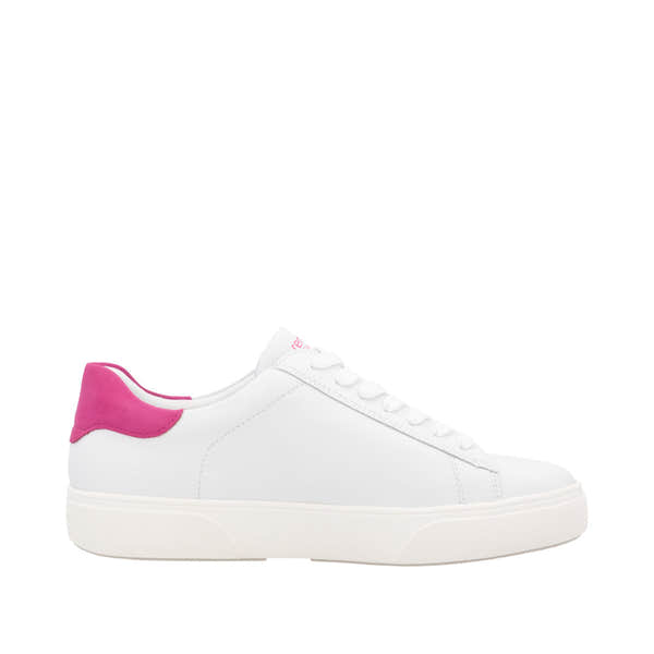 Remonte D2J00-82 women's white leather trainers with pink accent, lace-up, zip closure, casual sneaker style.