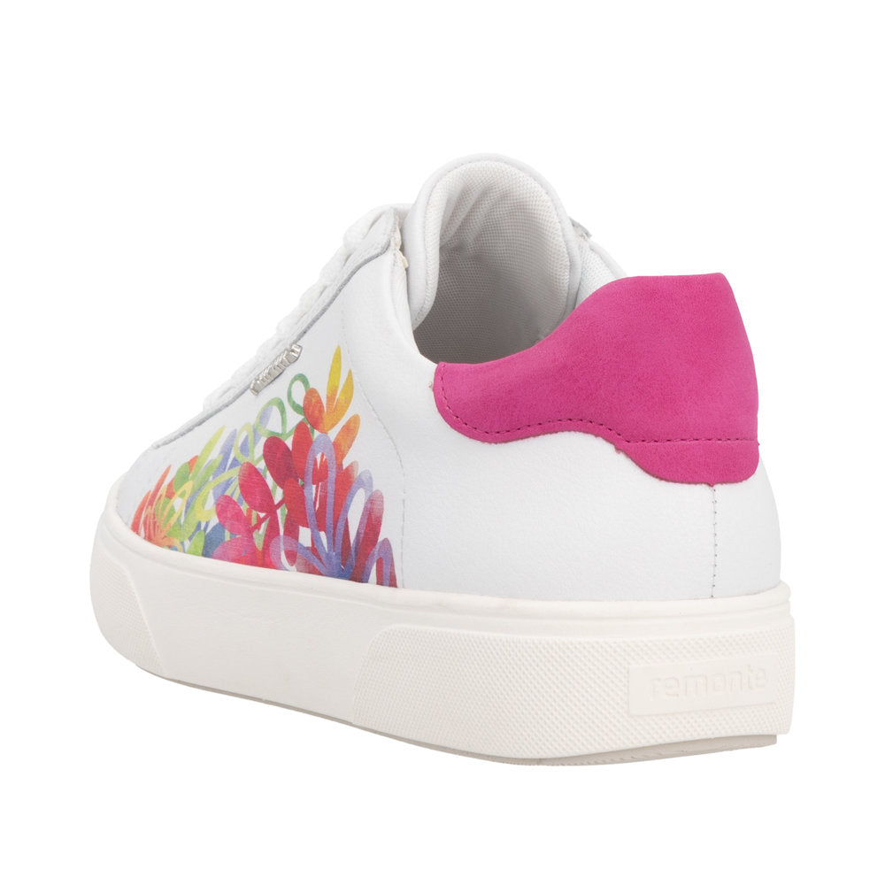 Remonte D2J00-82 Ladies white leather trainers with colorful floral design, pink suede heel detail, zip and lace fastening.