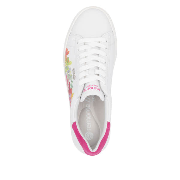 Remonte D2J00-82 women's wide white leather trainers with lace-up front, zip detail, colorful floral side design, and pink accents