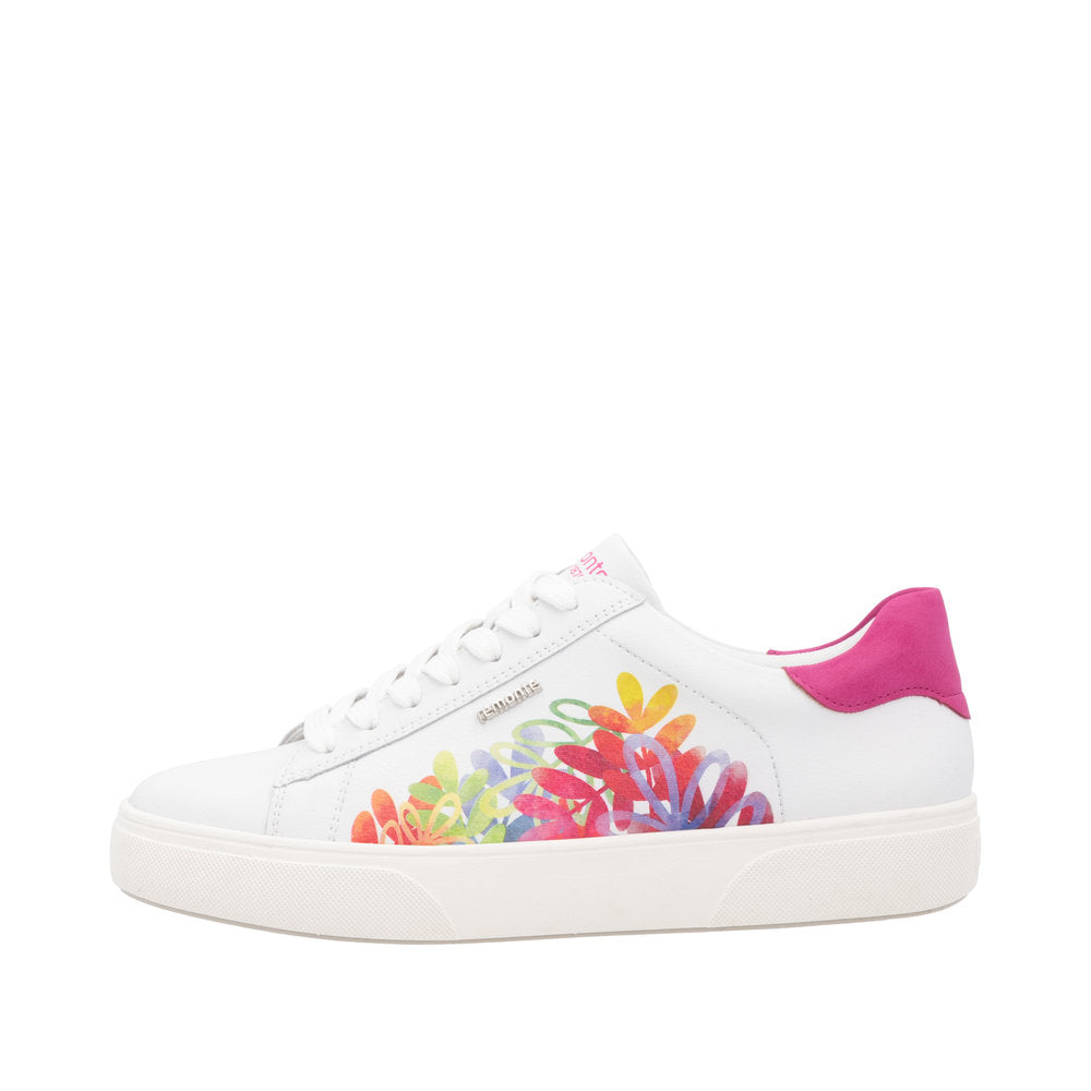Remonte D2J00-82 women's white leather trainers with colorful floral print, pink heel detail, zip and lace-up closure.