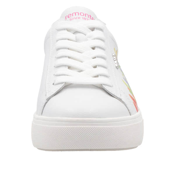 Remonte D2J00-82 women's wide fit white leather trainers with zip and lace-up closure, featuring colorful rainbow detail.