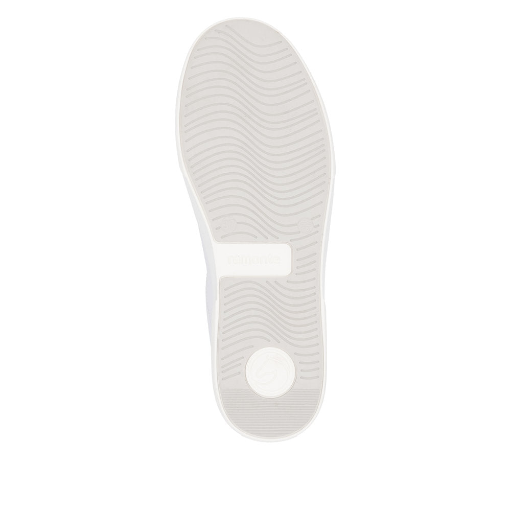 Remonte D2J00-82 women's wide white leather trainers with zip and lace, featuring a textured sole and sporty design.