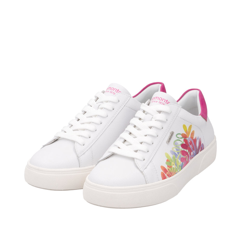 Remonte D2J00-82 women's white leather trainers with colorful floral side design, lace-up, zip closure, and pink accents on heel.