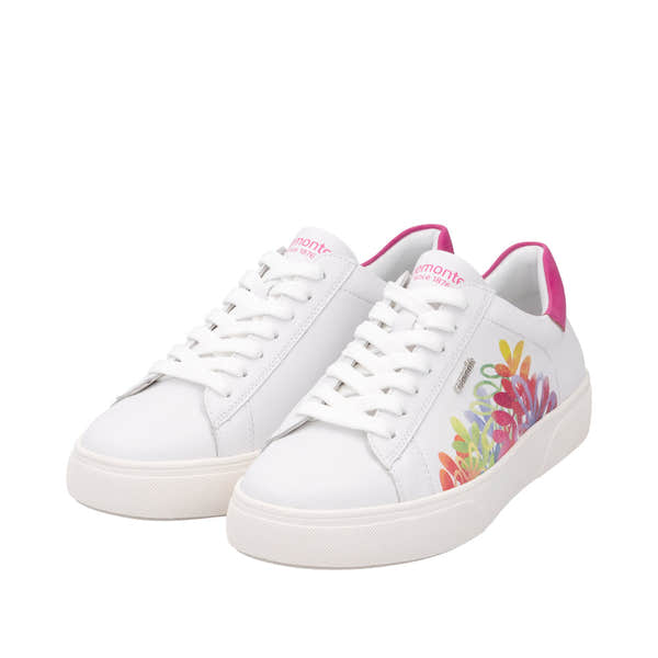 Remonte D2J00-82 women's white leather trainers with colorful floral side design, lace-up, zip closure, and pink accents on heel.