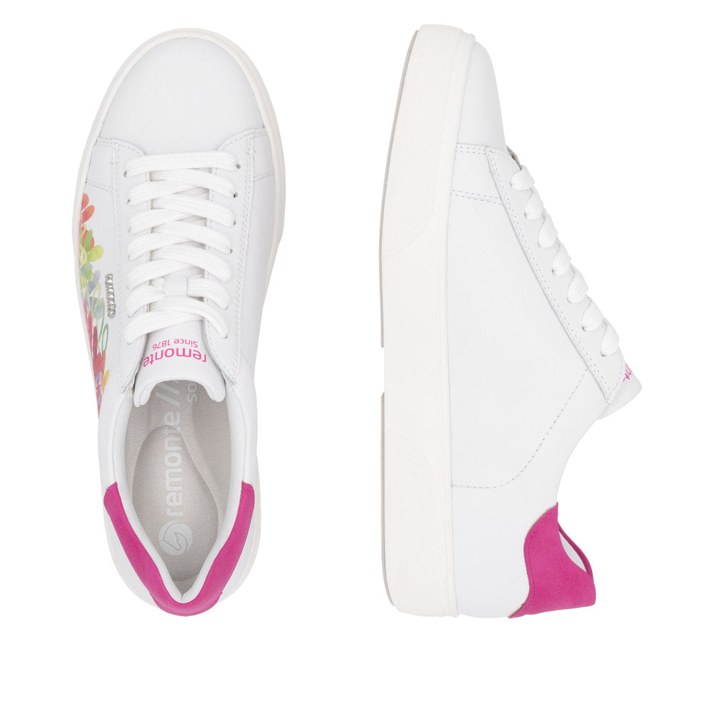 Remonte D2J00-82 women's white leather trainers with zip and lace-up, colorful floral side design, flat sole, and pink heel detail.