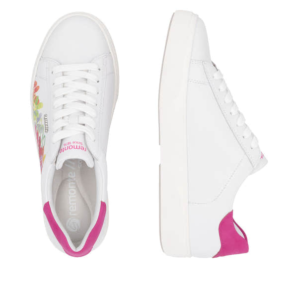Remonte D2J00-82 women's white leather trainers with zip and lace-up, colorful floral side design, flat sole, and pink heel detail.