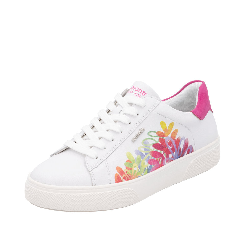 Remonte D2J00-82 women's wide white leather trainers with floral print, pink heel accents, lace-up and zipper closure.
