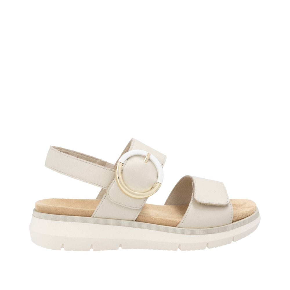 Remonte D2K50-80 women's off-white leather sandals with touch-fastening straps and cushioned footbed.
