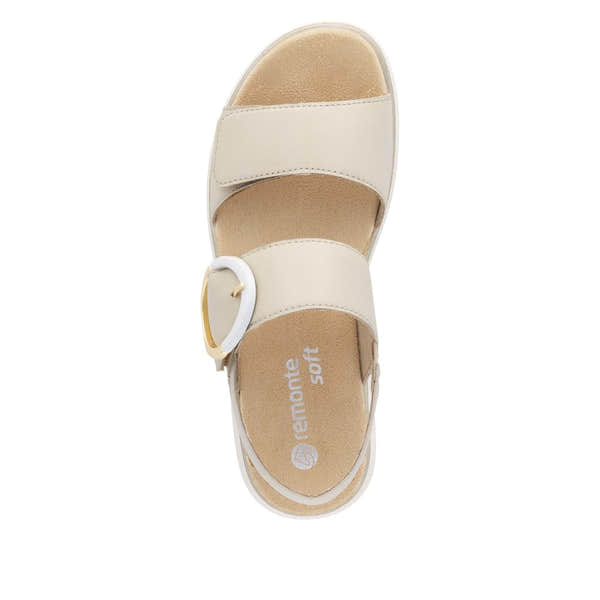 Remonte D2K50-80 women's off-white leather sandals with touch fastening straps and decorative gold buckle.
