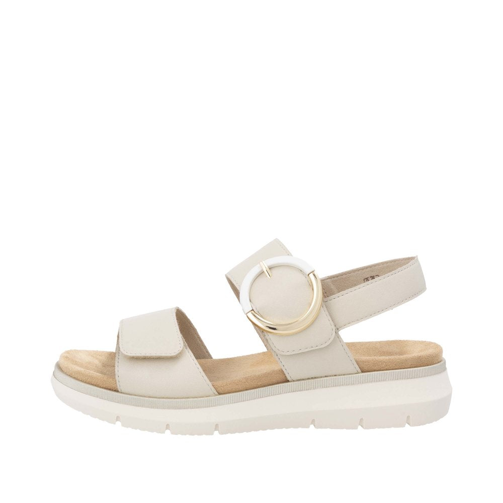 Remonte D2K50-80 women's off-white leather sandals with touch-fastening straps and gold-tone buckle detail.