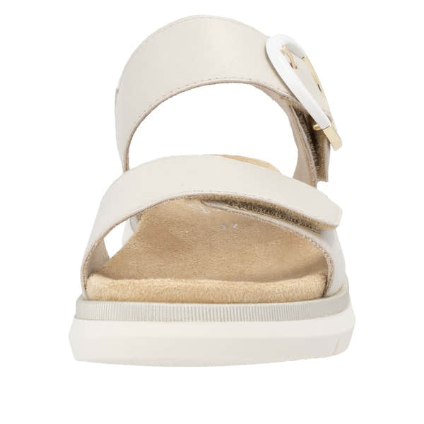 Remonte D2K50-80 women's off-white leather sandals with touch fastenings and buckle detail, featuring cushioned insole and flat sole.