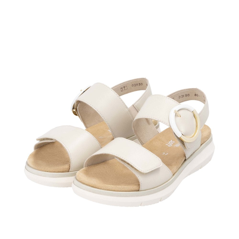 Remonte D2K50-80 women's off-white leather sandals with touch-fastening straps, cushioned insole, and decorative buckle.
