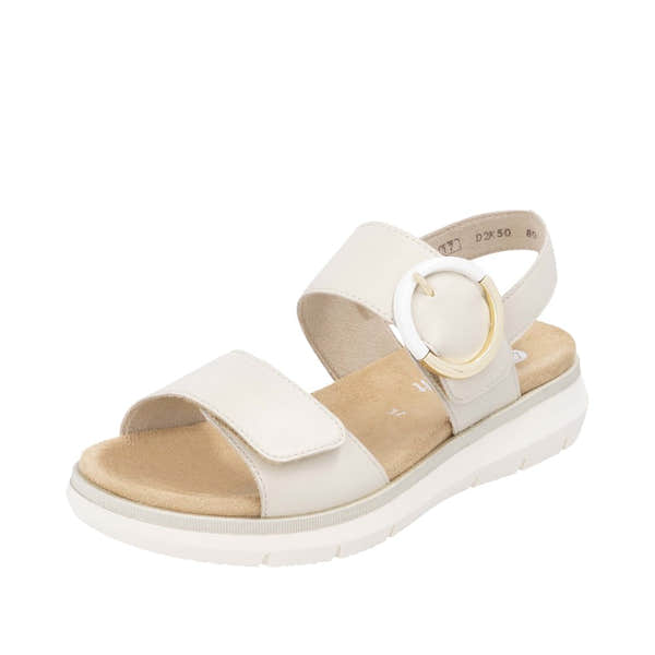 Remonte D2K50-80 women's off-white leather sandals with touch fastening straps and cushioned footbed.