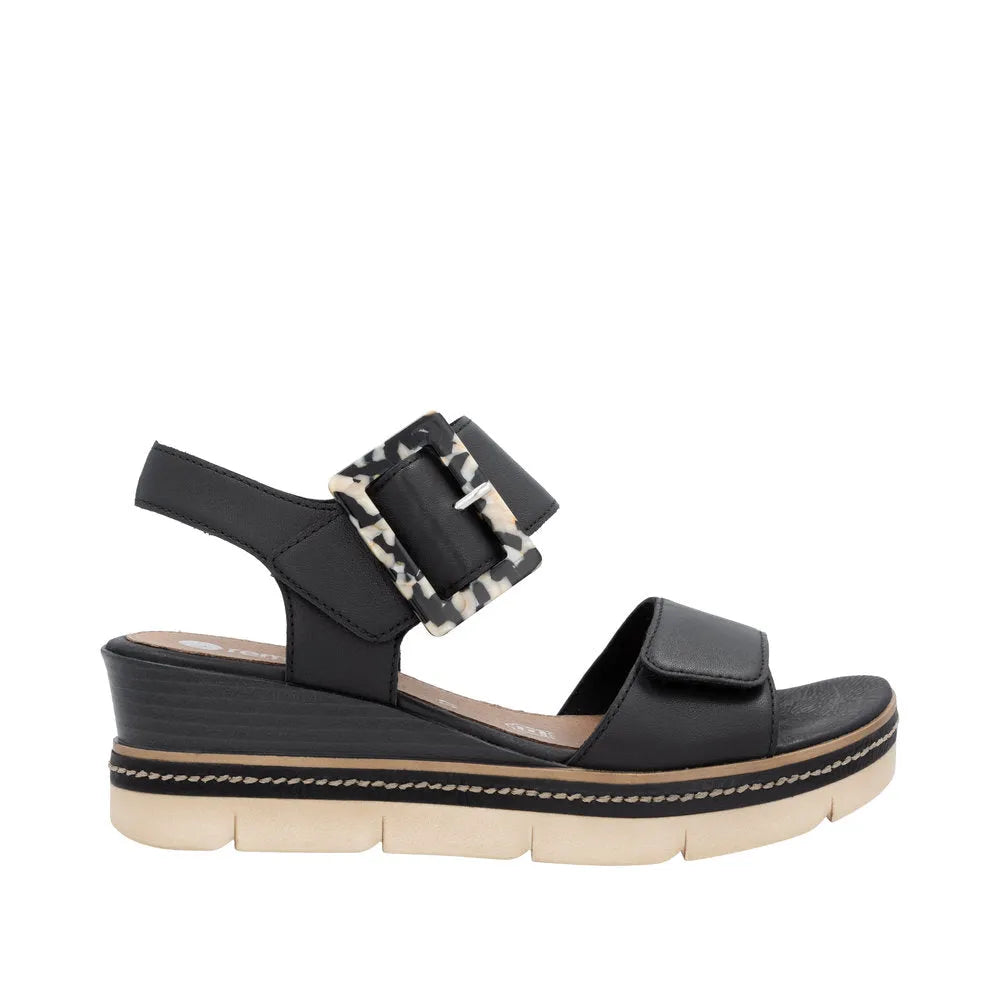 Remonte D2L53-00 women's black leather touch-fastening sandals with chunky wedge heel and animal print buckle.