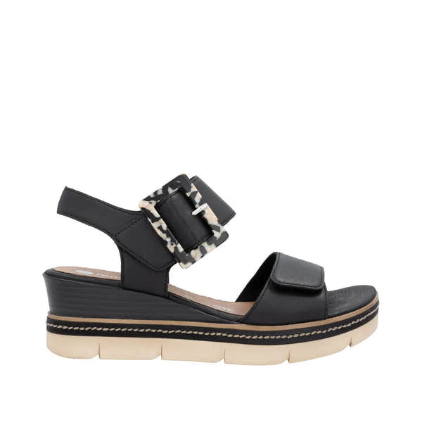Remonte D2L53-00 women's black leather touch-fastening sandals with chunky wedge heel and animal print buckle.