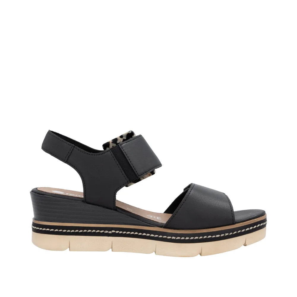 Remonte D2L53-00 women's black leather touch fastening sandals with ankle strap and chunky wedge sole.
