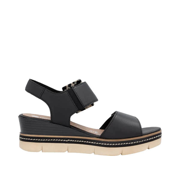 Remonte D2L53-00 women's black leather touch fastening sandals with ankle strap and chunky wedge sole.