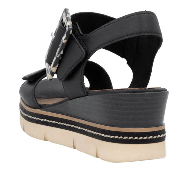 Remonte D2L53-00 Women's black leather touch fastening sandals with adjustable straps and platform wedge heel.