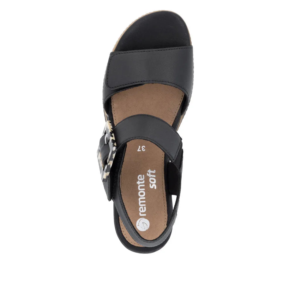 Remonte D2L53-00 women's black leather touch fastening sandals with adjustable straps and leopard-print buckle detail.