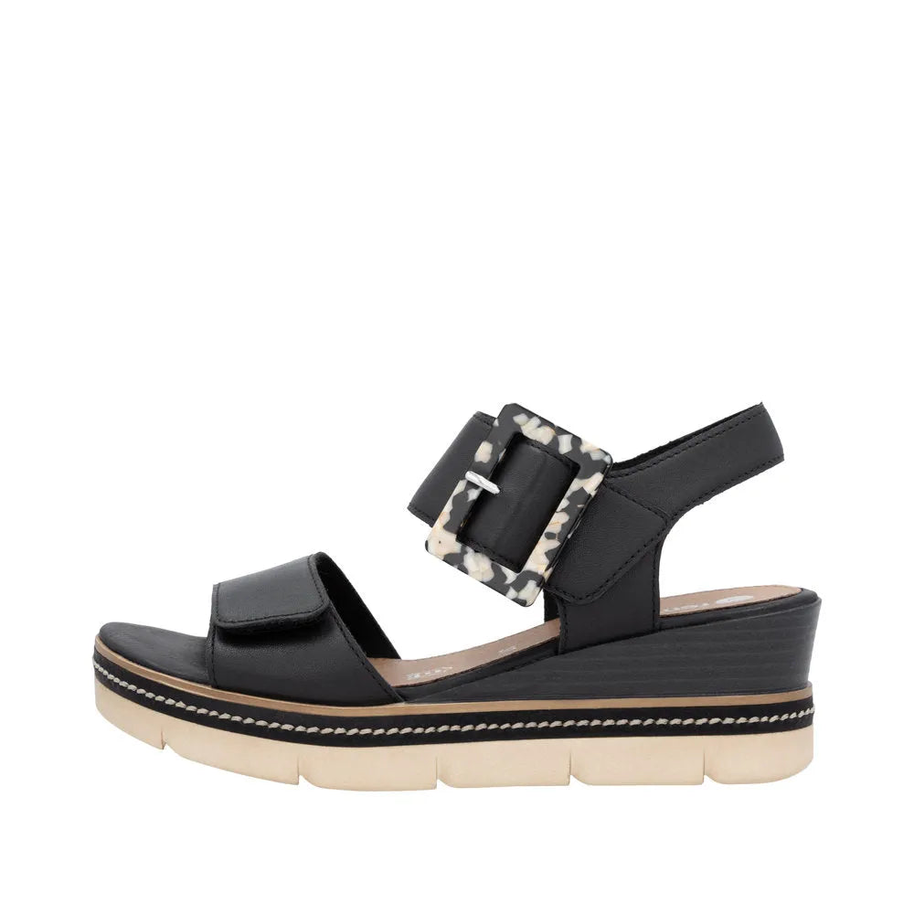 Remonte D2L53-00 women's black leather touch-fastening sandals with a chunky wedge heel and patterned buckle detail.