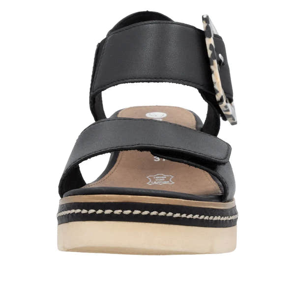Remonte D2L53-00 women's black leather touch fastening sandal with ankle strap and patterned buckle, cushioned insole, and platform outsole.