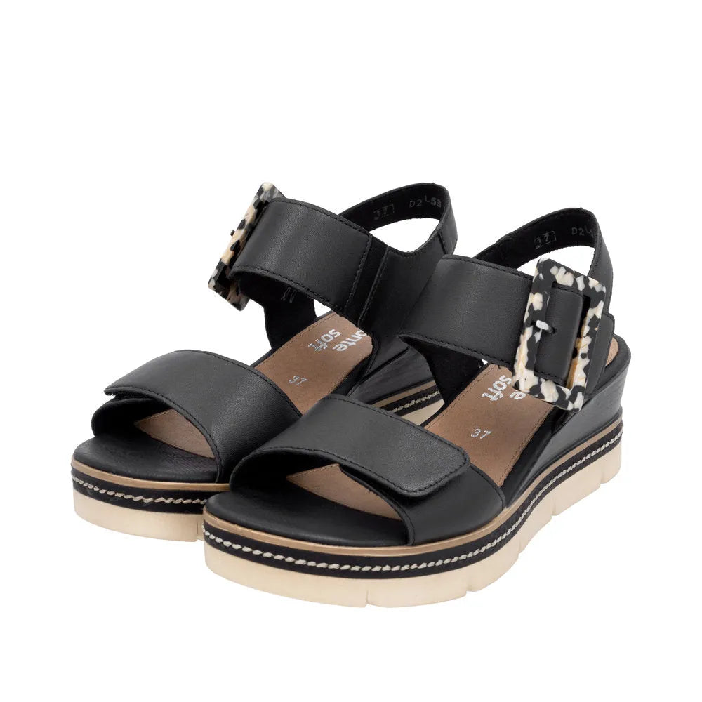 Remonte D2L53-00 women's black leather touch-fastening sandals with leopard print buckles and chunky white platform sole.