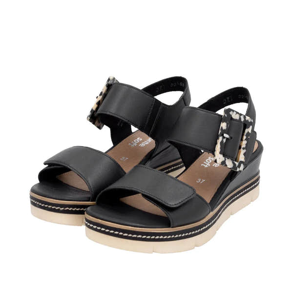 Remonte D2L53-00 women's black leather touch-fastening sandals with leopard print buckles and chunky white platform sole.