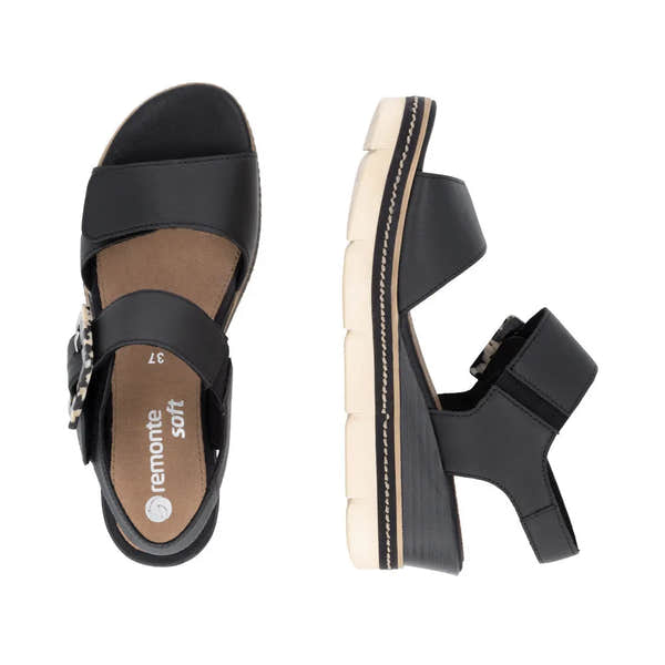 Remonte D2L53-00 women's black leather touch fastening sandals with chunky beige and black sole, open toe, and adjustable straps.