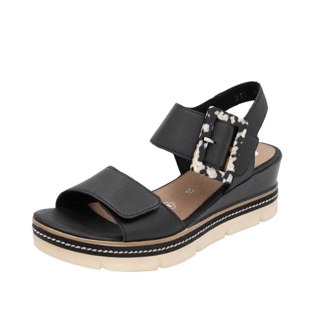 Remonte D2L53-00 women's black leather sandals with touch fastening straps, chunky wedge heel, and leopard print buckle.