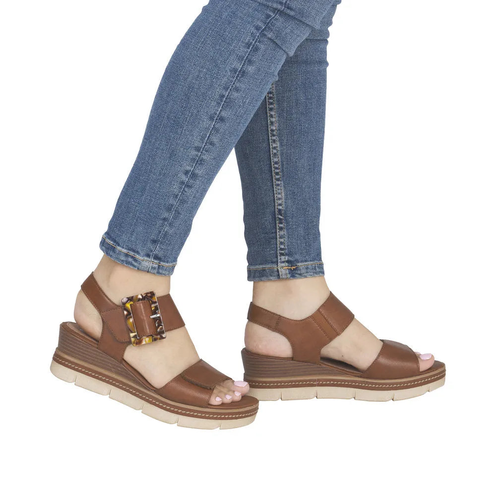 Remonte D2L53-24 women’s brown leather touch fastening sandals with chunky soles and decorative buckle.