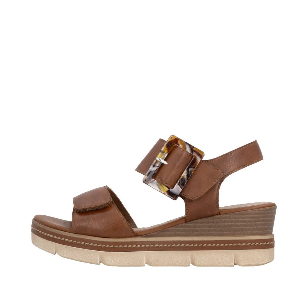 Remonte D2L53-24 women's brown leather touch fastening sandals with chunky wedge sole and decorative buckle detail.
