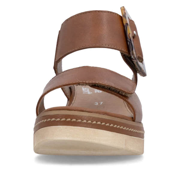 Remonte D2L53-24 women's brown leather touchscreen fastening sandals with chunky sole and decorative buckle.