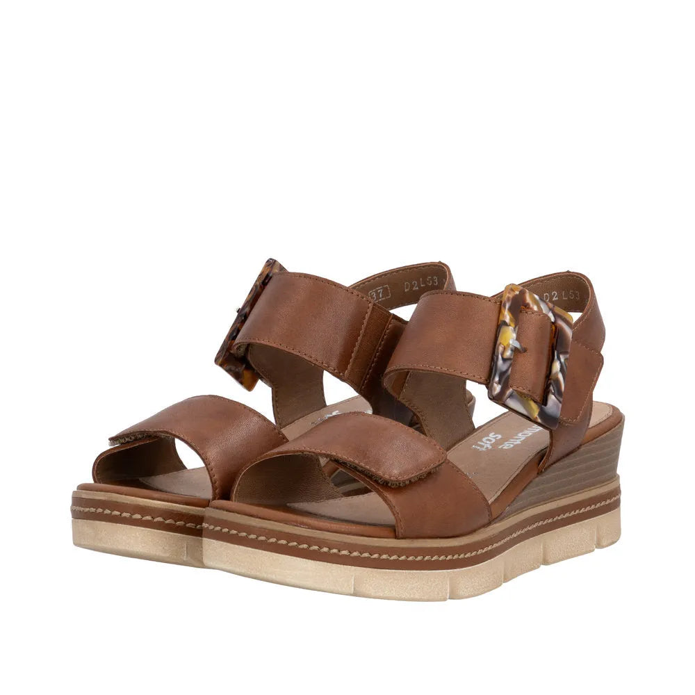 Remonte D2L53-24 women's brown leather touch fastening sandals with chunky wedge sole and patterned buckle detail.
