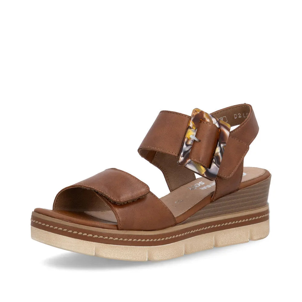 Remonte D2L53-24 women's brown leather sandals with touch fastening straps, adjustable buckle, and wedge sole.