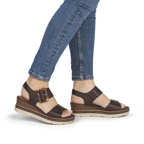 Remonte D2L53-25 women's dark brown leather sandals with touch fastenings and chunky sole.