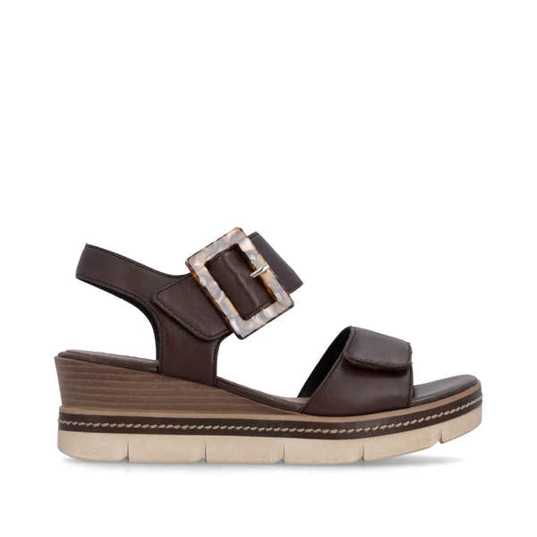 Remonte D2L53-25 women's dark brown leather sandals with touch fastening, chunky wedge sole, and decorative buckle.
