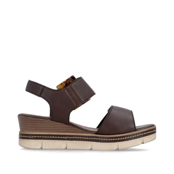 Remonte D2L53-25 women's dark brown leather sandals with touch fastening straps and chunky wedge heel.