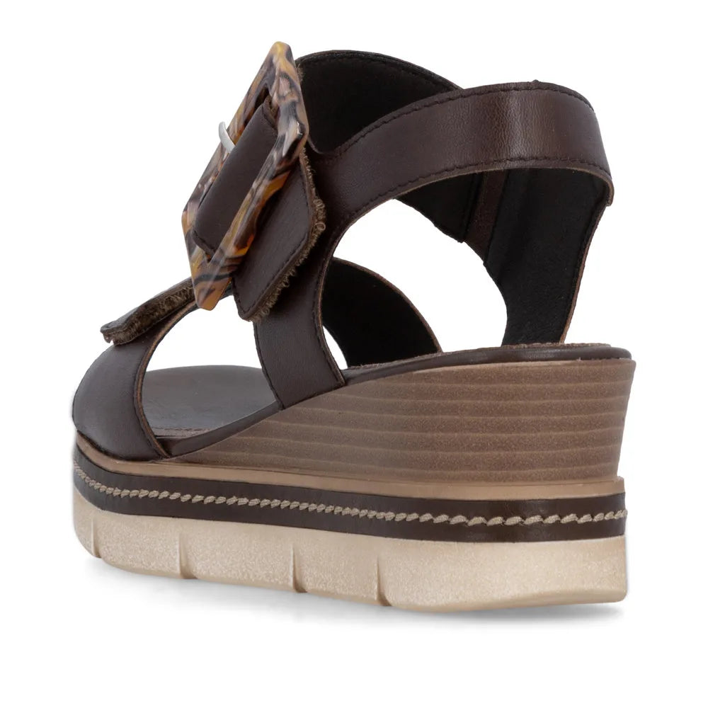 Remonte D2L53-25 women's dark brown leather sandals with touch fastening straps and a wedge heel.