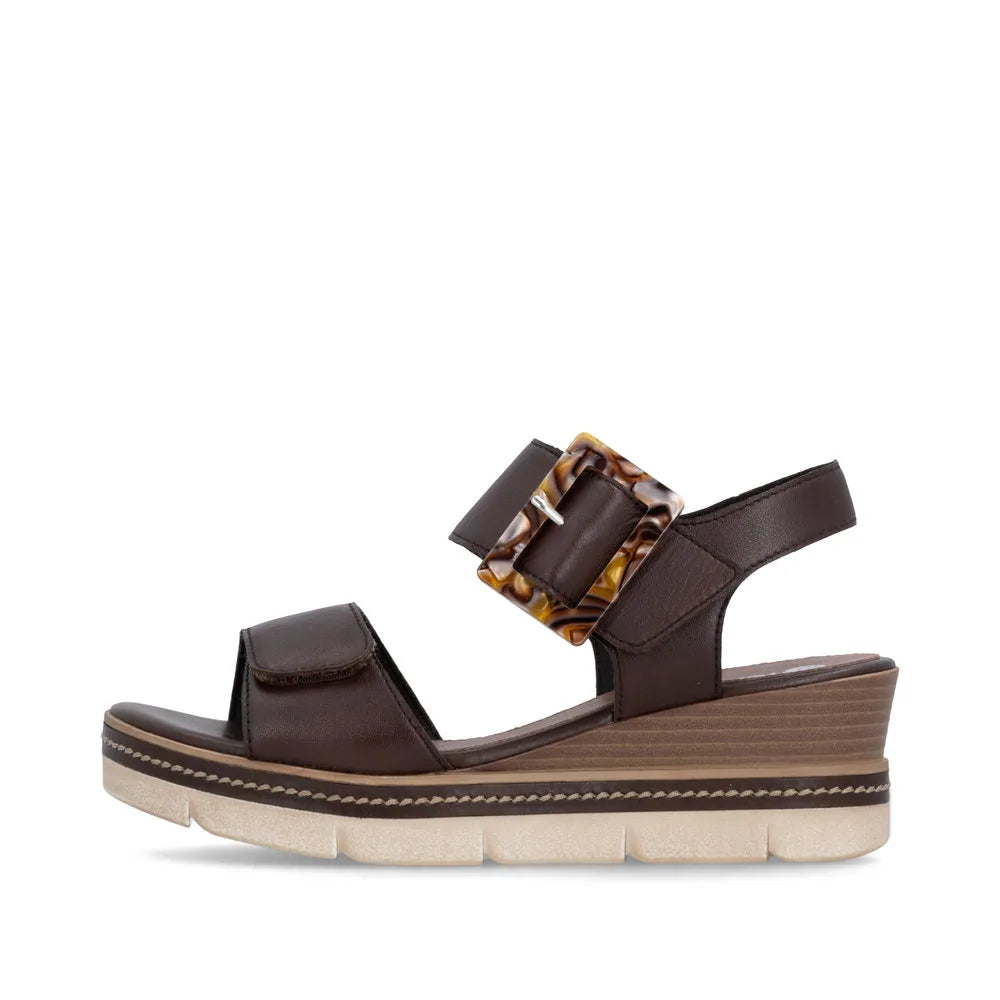 Remonte D2L53-25 women's dark brown leather sandals with adjustable touch-fastening straps and platform wedge sole.