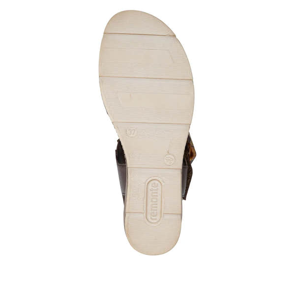 Remonte D2L53-25 women's dark brown leather touch fastening sandals with a beige sole and adjustable straps.