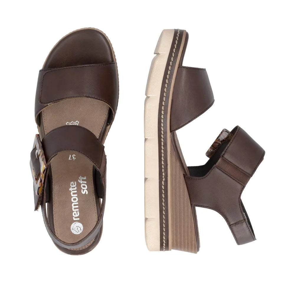 Remonte D2L53-25 women's dark brown leather sandals with touch fastening straps and chunky sole.