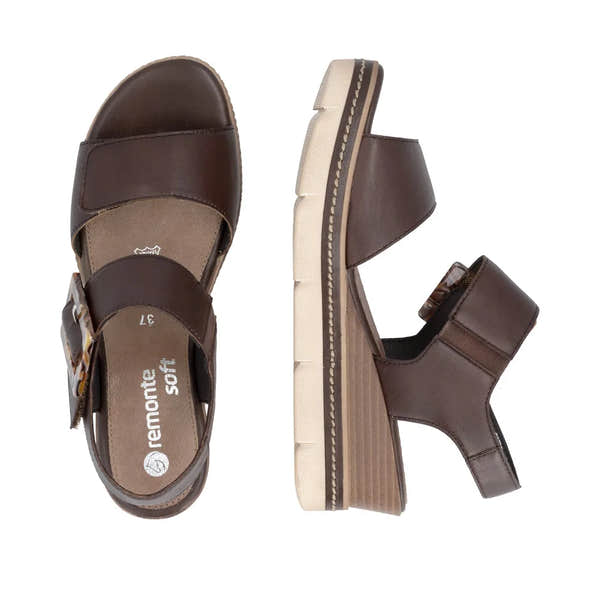 Remonte D2L53-25 women's dark brown leather sandals with touch fastening straps and chunky sole.